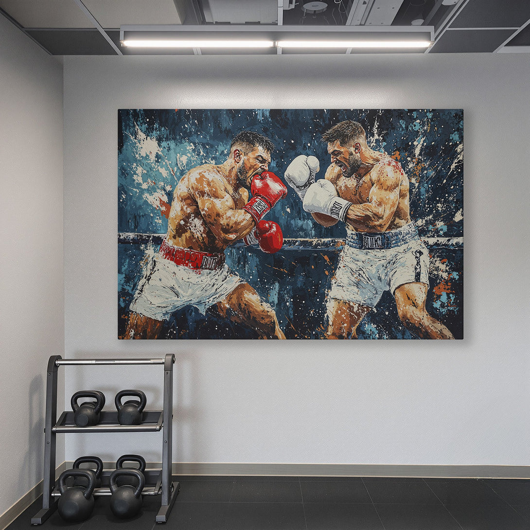 Framed Wall Art: Dynamic boxing match canvas print in a modern gym. Features a bold, abstract style with blue, brown, and red tones. Add art to your space!