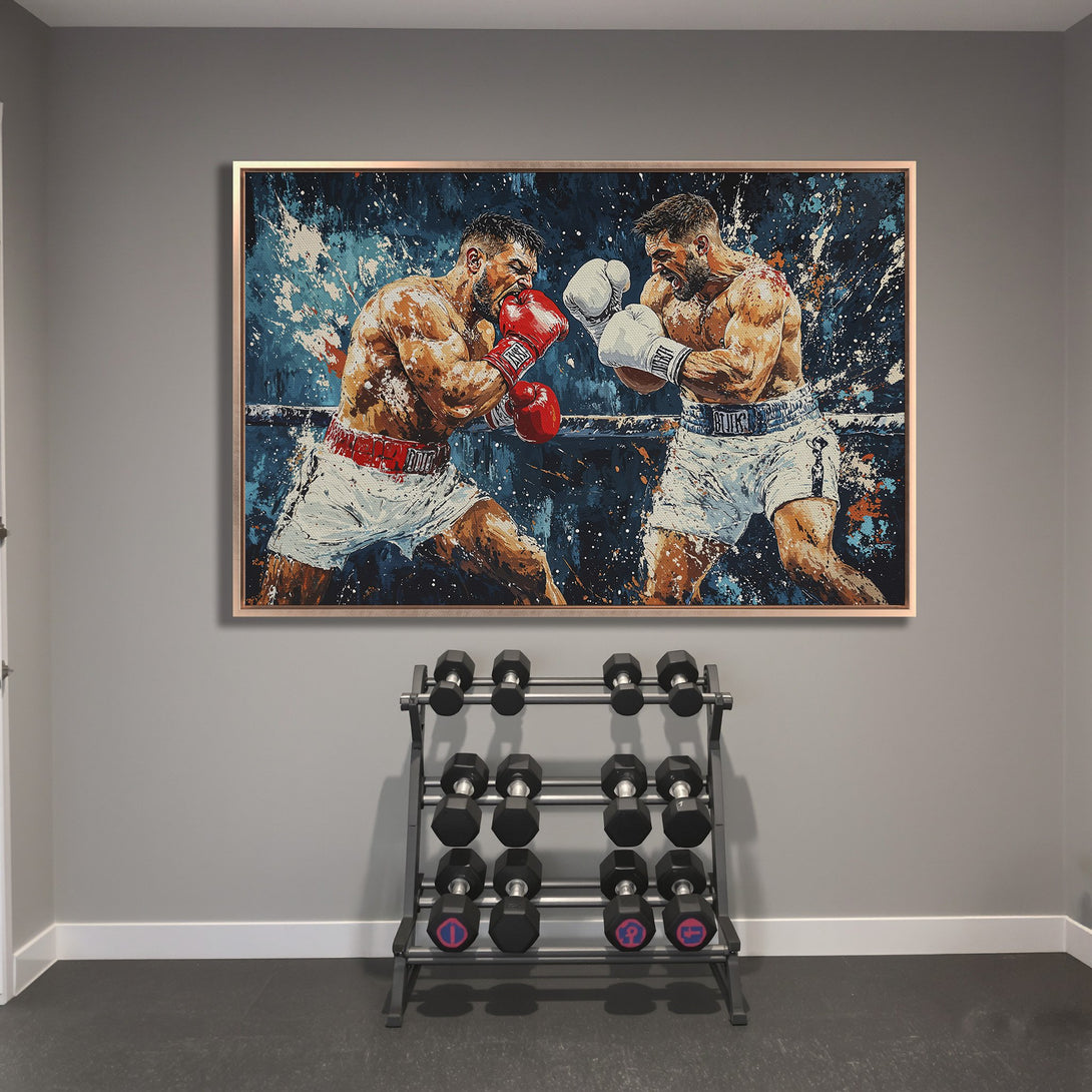 Framed Wall Art: Dynamic boxing match canvas print with a blue and orange splash art style. Perfect for gym or home decor.
