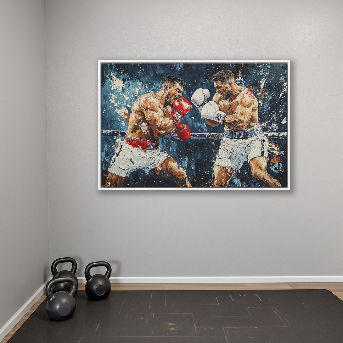 Framed Wall Art of boxers in action, abstract style with blue, white, and red color palette. Perfect for home gym decor.