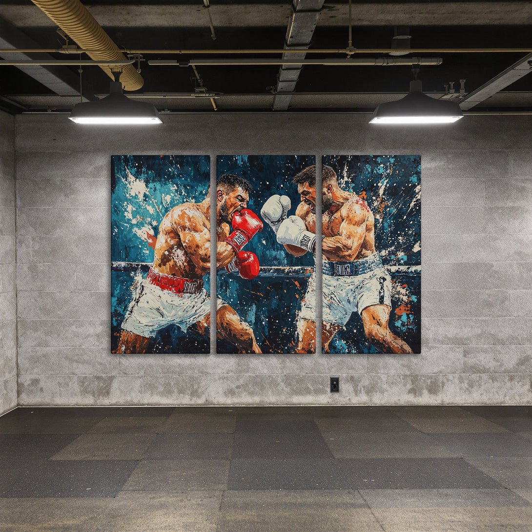 Canvas Print of a dynamic boxing match in a modern, abstract style with blue and orange accents. Perfect wall art for a bold statement.