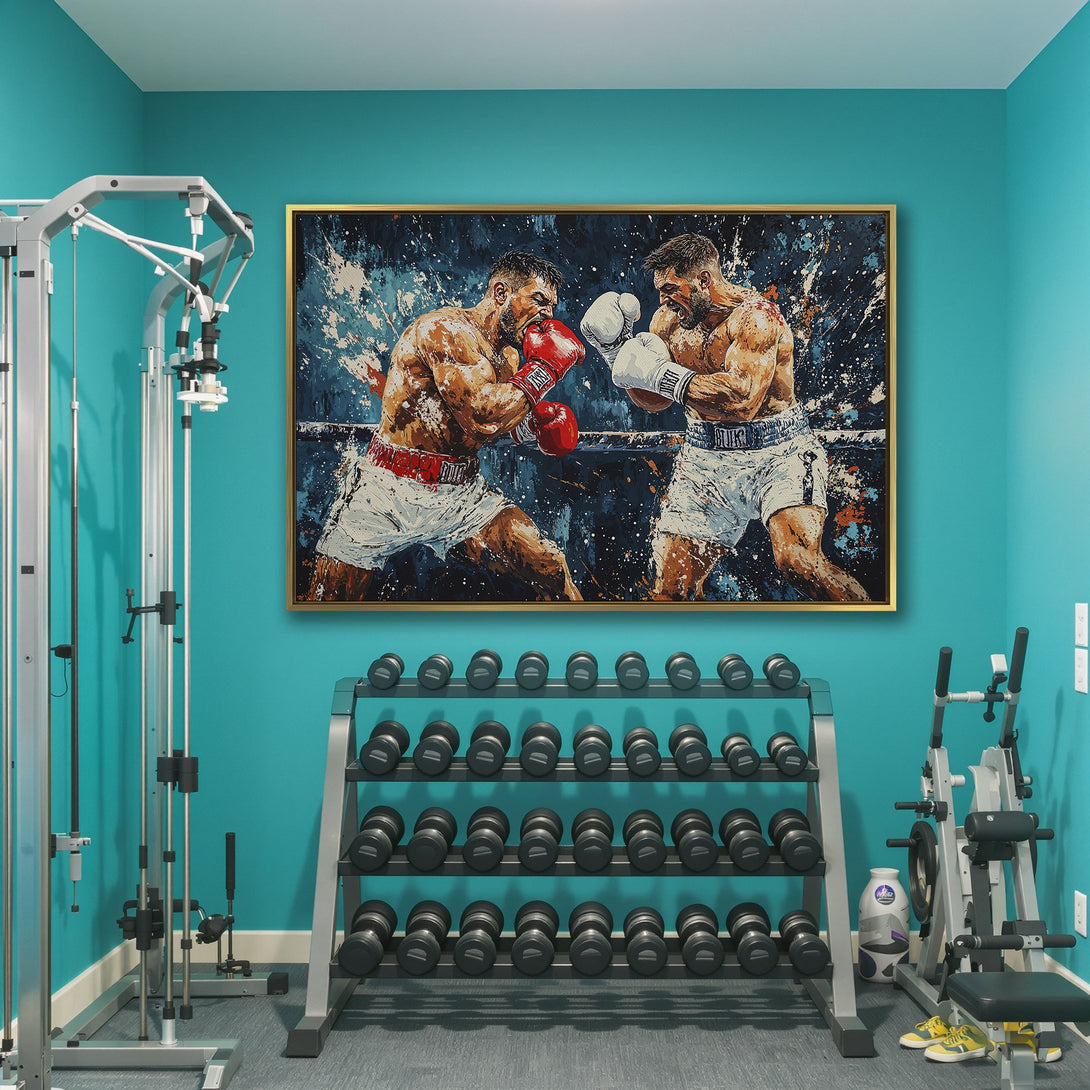 Canvas Print of boxing match in abstract style, blue and brown palette. Perfect for gym or sports decor.