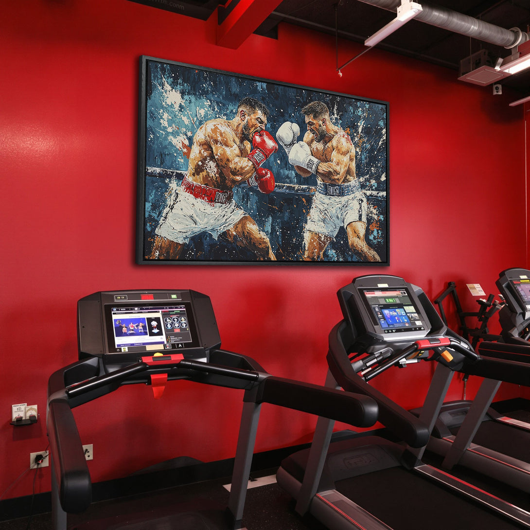 Framed Wall Art: Dynamic boxing scene in bold blues, reds, and whites. Stylish canvas print adds energy to any space. Perfect for gym or home decor.
