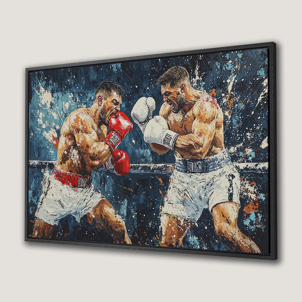 Framed Wall Art featuring a dynamic boxing match, expressive abstract style with blue, white, and orange splashes. Perfect for modern decor.