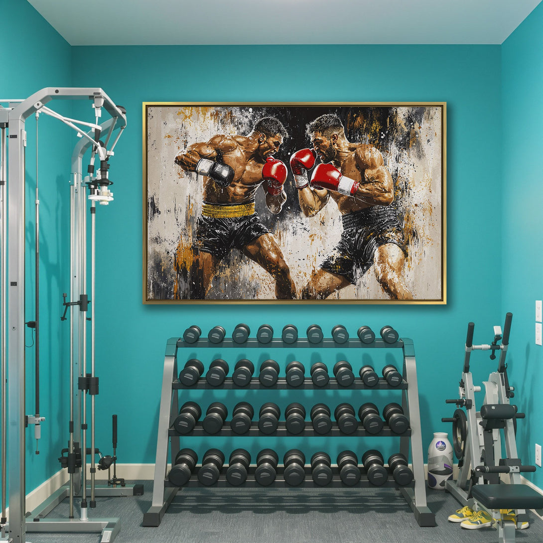 Canvas Print of boxers in action, abstract style with red, black, and gold accents. Perfect wall art for a gym or home decor.