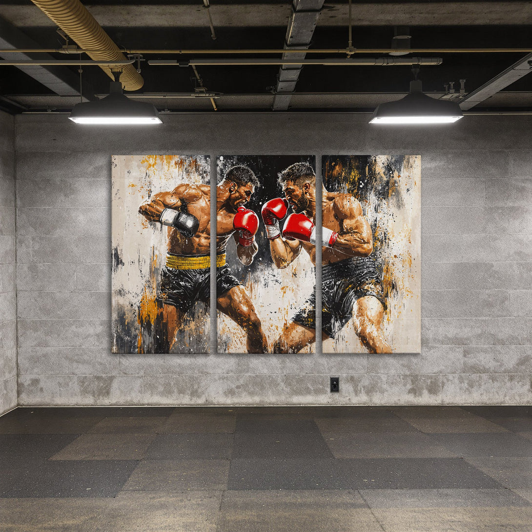 Canvas Print of a dynamic boxing match in abstract style, featuring a bold color palette of black, white, and gold. Elevate your space with this art.
