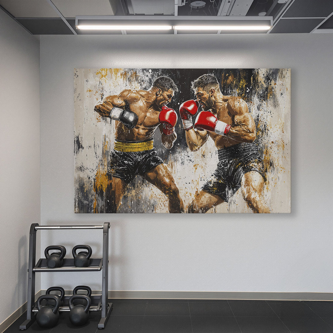 Framed Wall Art: Dynamic boxing match canvas print with bold brushstrokes, warm brown & red tones, displayed in a modern gym setting.