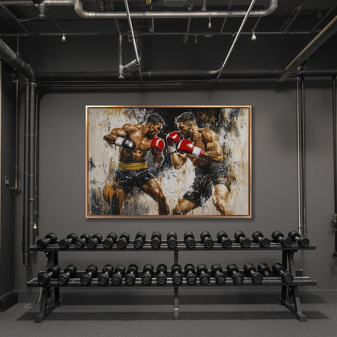 Framed Wall Art featuring boxers in action, abstract style with a neutral, warm color palette. Perfect for gym decor or modern spaces.