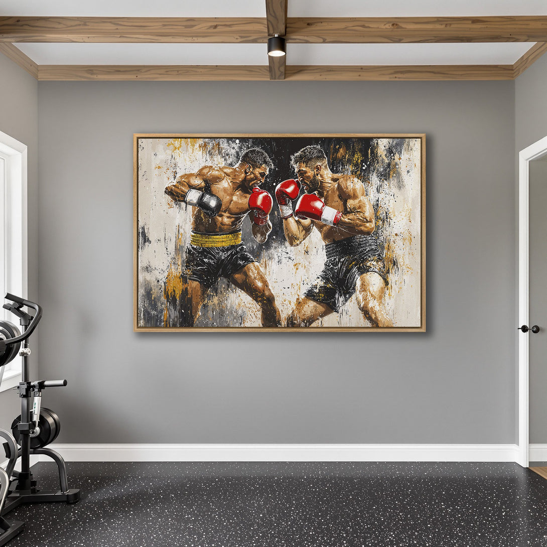 Framed Wall Art: Powerful boxing fight canvas print in a modern style, featuring a bold color palette of red, black, and gold. Perfect for home gyms!