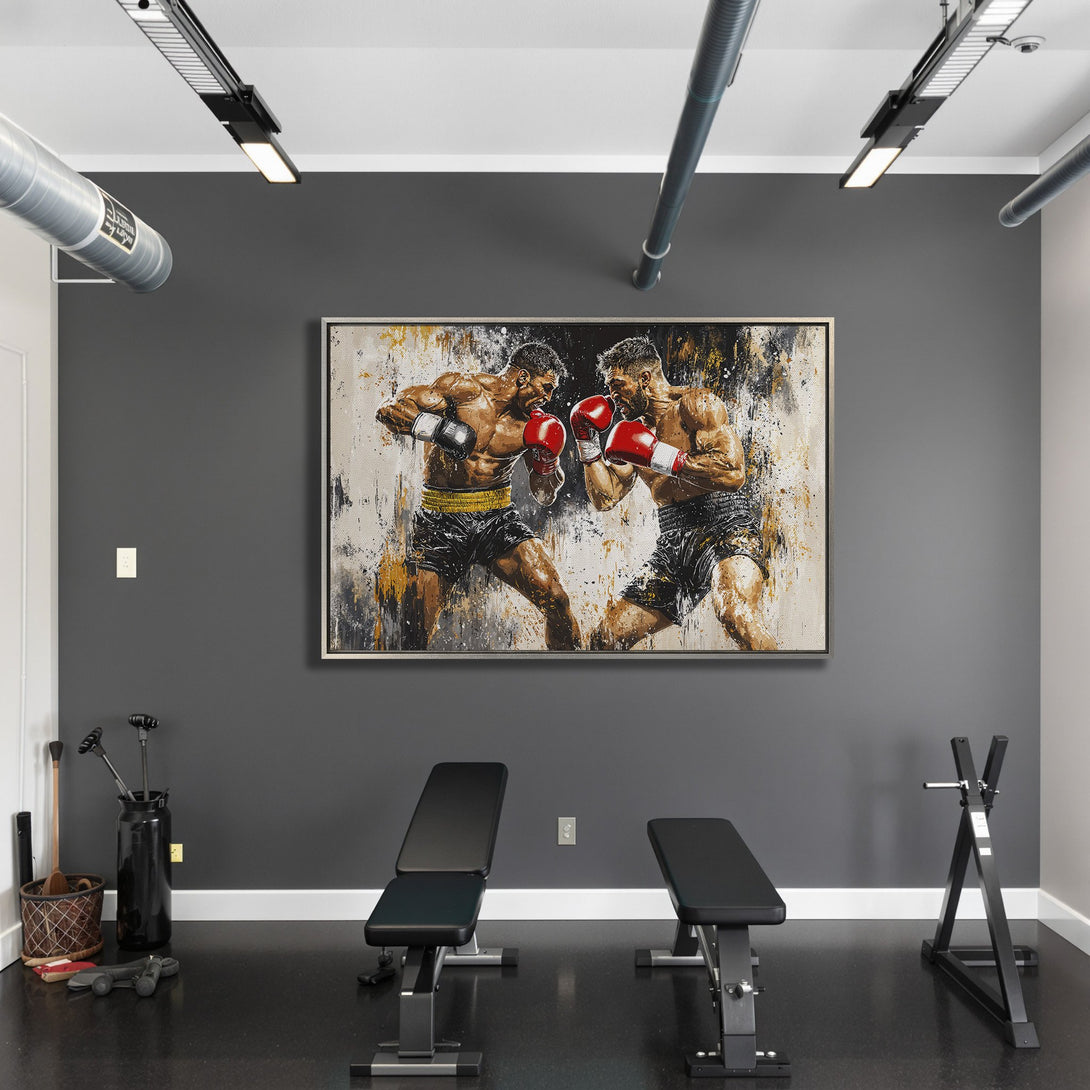 Framed Wall Art: Dynamic boxing match canvas print with a bold, abstract style. Features a striking palette of black, gold, and red, perfect for a modern gym.