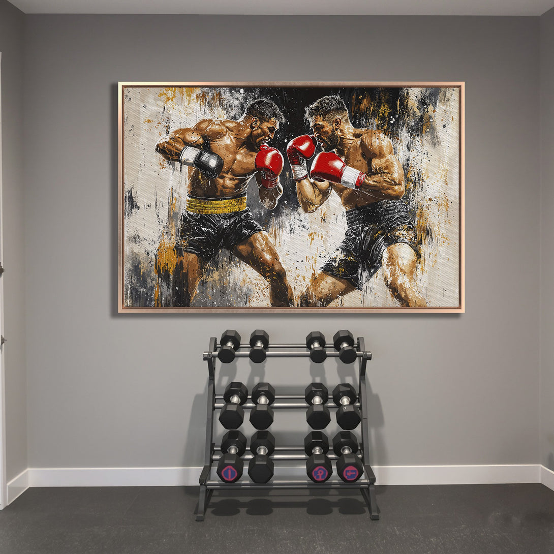Framed Wall Art: Dynamic boxing match canvas print with abstract style, featuring bold red, black, and gold tones. Perfect for home gym decor.