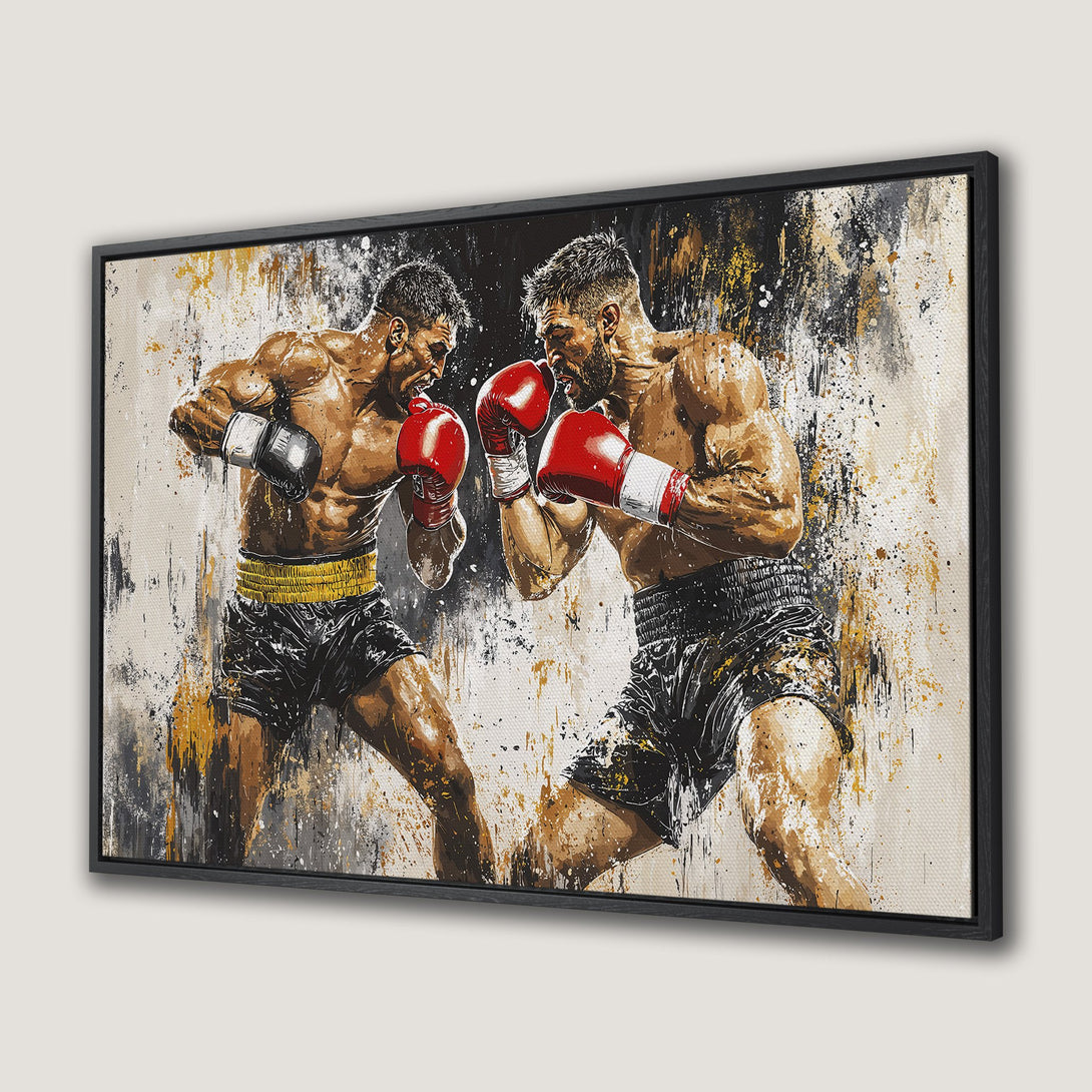 Framed Wall Art: Dynamic boxing match canvas print. Abstract style with a bold palette of black, gold, red, and brown. Perfect for any modern space.