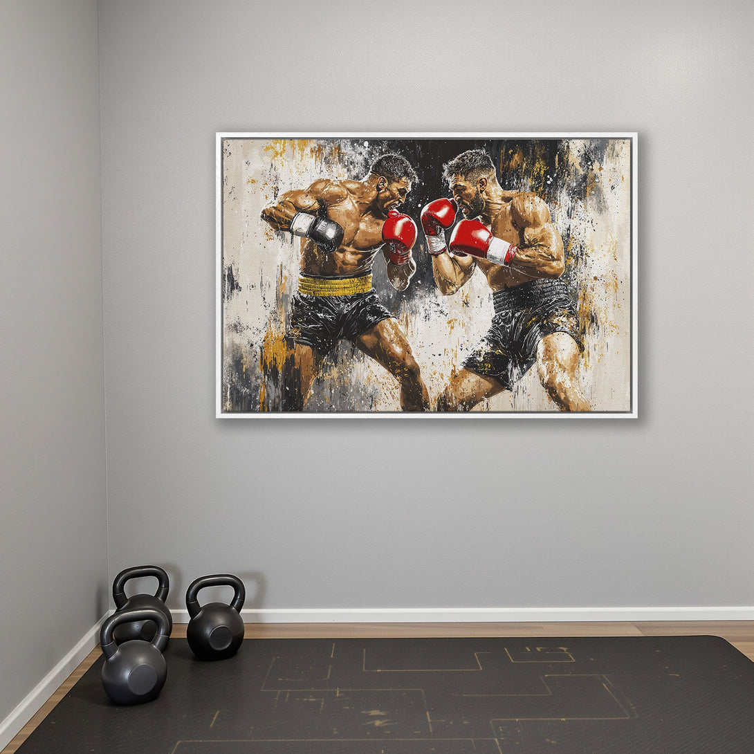 Framed Wall Art: Dynamic boxing match canvas print in a modern, abstract style with a bold palette of red, black, and gold. Perfect for home gyms!
