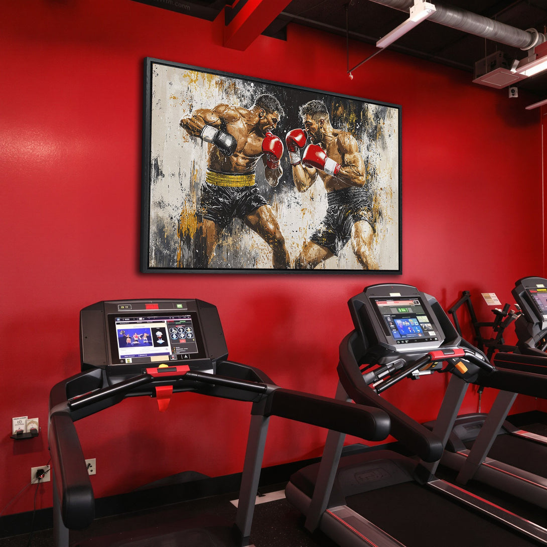 Framed Wall Art: Dynamic boxing match art in a gym setting. Bold red, black, and gold color palette. Modern, abstract style. Perfect for home or gym decor.