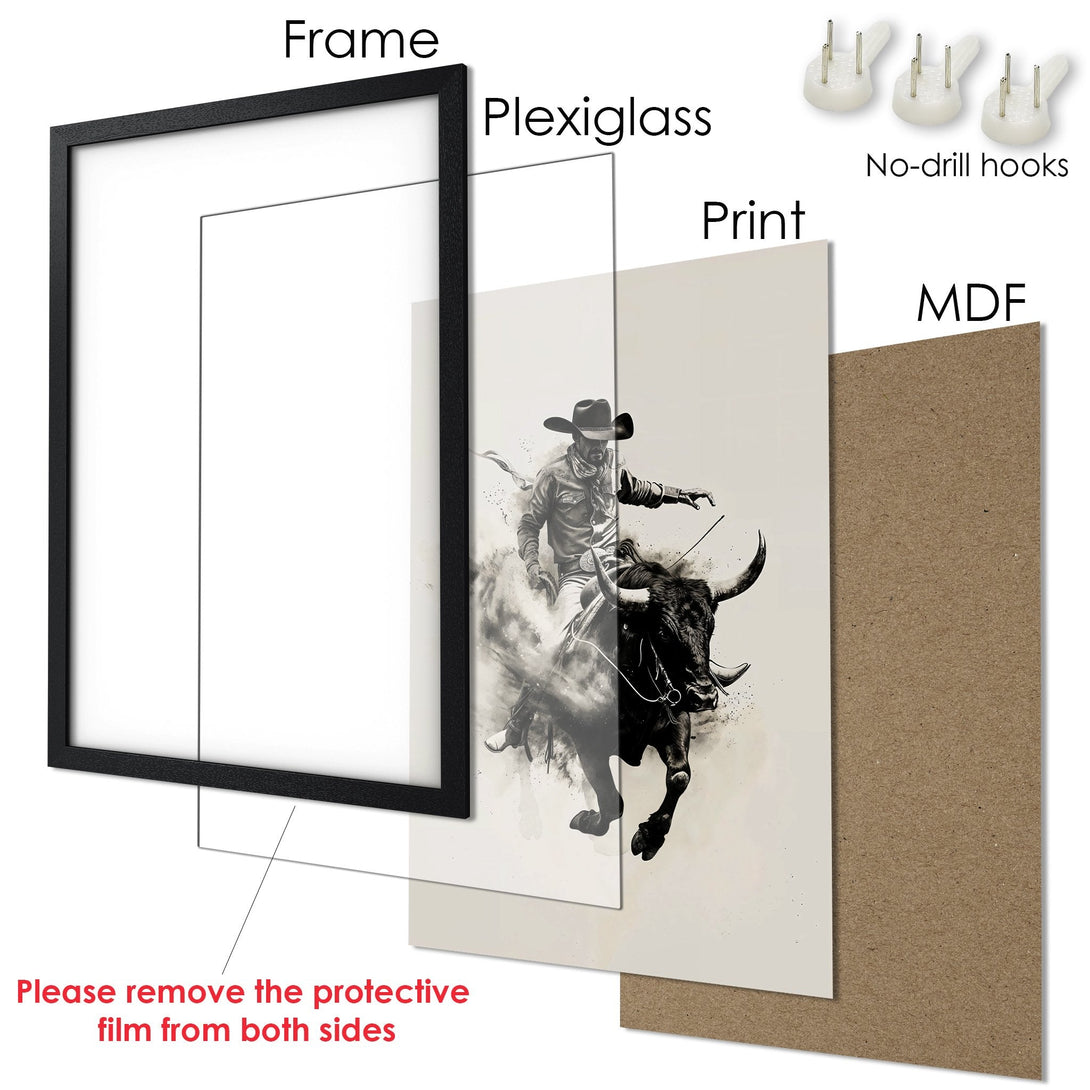 Framed Poster featuring a cowboy riding a bull, monochrome style, with a neutral color palette. Perfect wall art!