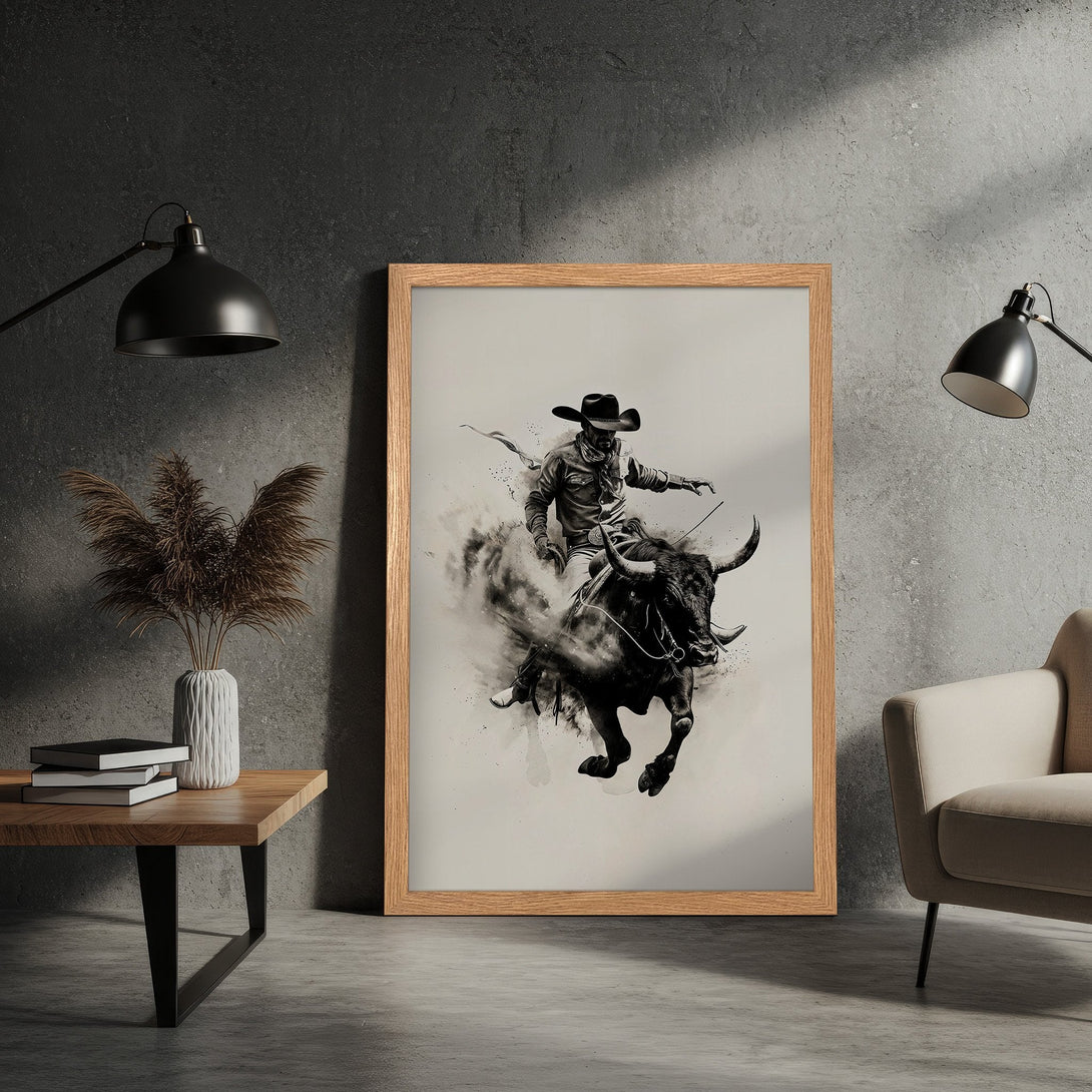 Framed Poster of a cowboy riding a bull, monochrome style with neutral color palette. Perfect wall art for a rustic or modern home.