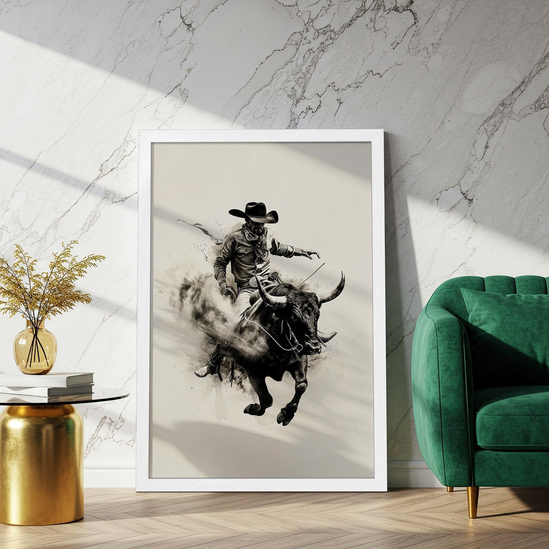 Framed Poster featuring a cowboy riding a bull. Stylish black & white art with a neutral color palette. Perfect for rustic decor.
