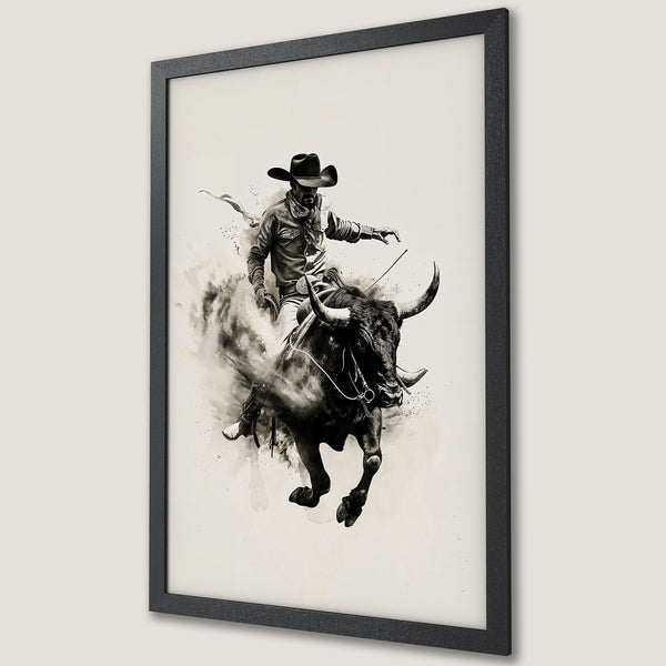 Framed Poster featuring a cowboy riding a bull in a dynamic, monochrome style with a neutral color palette. Western wall art.