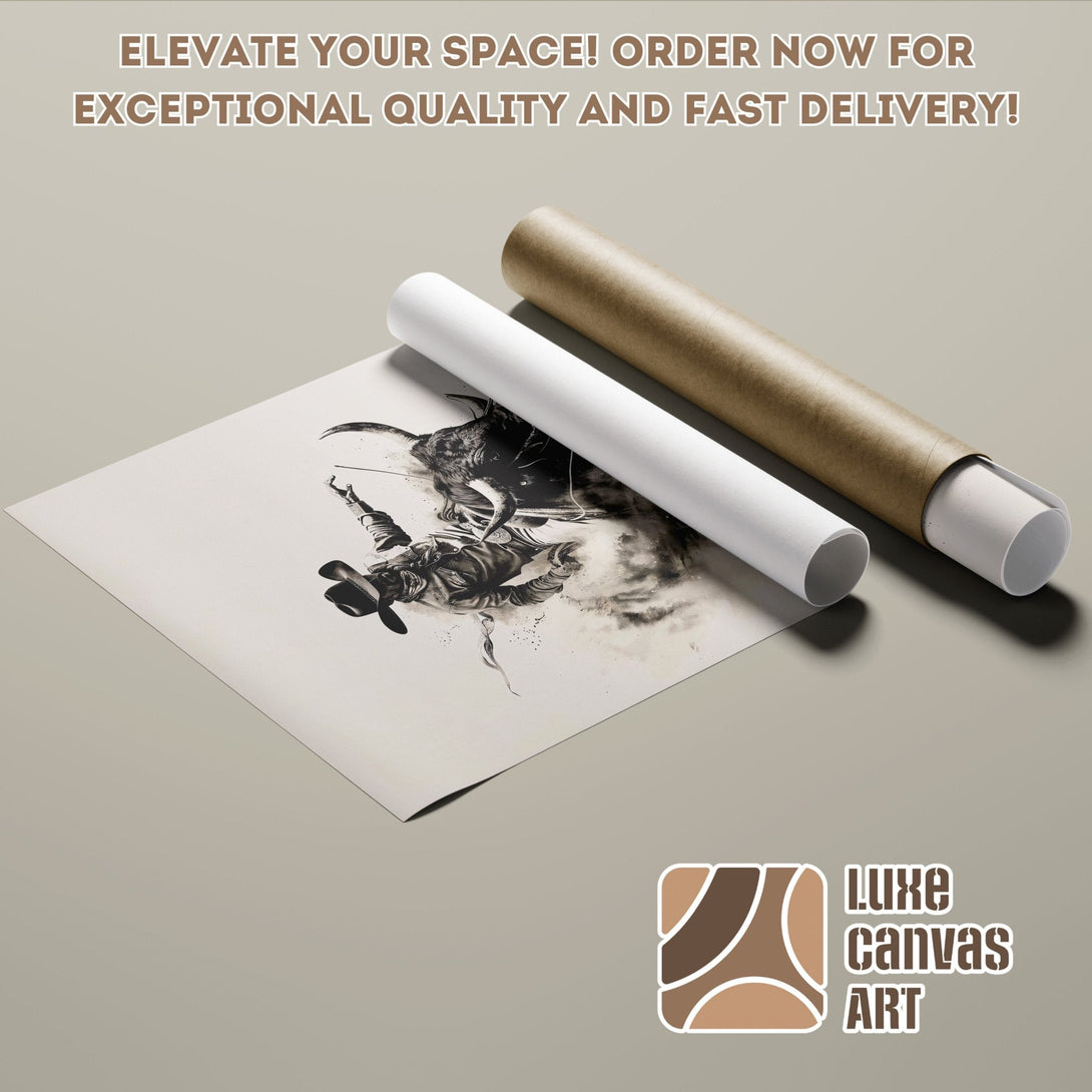 Poster Roll of a cowboy fighting a bull, monochrome style, neutral color palette. Order now!