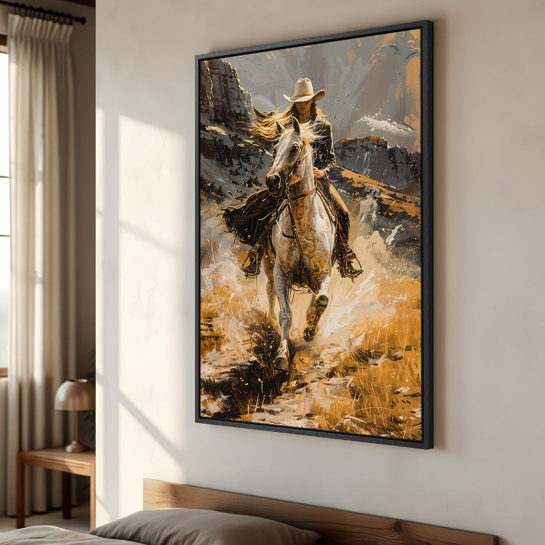 Framed Wall Art: Cowboy on Horseback Canvas Print. Dramatic painting style with warm gold and gray tones. Perfect western decor for your home.