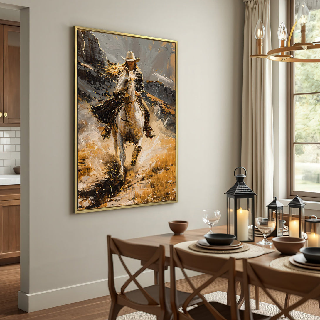 Canvas Print of a cowgirl riding a horse, in a rustic style with a warm, earthy color palette. Perfect for Western decor!
