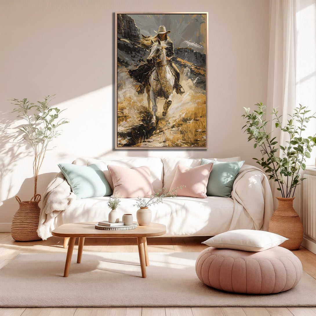 Framed Wall Art: Cowboy on horseback canvas print in warm gold and neutral tones, adding rustic charm to any living room. Shop now!