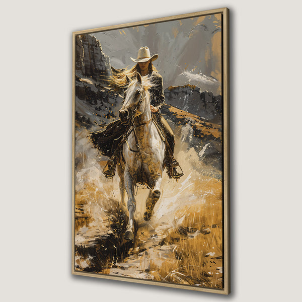 Framed Wall Art featuring a cowgirl on horseback in a dynamic, painterly style. Earthy tones of gold, gray, and brown create a captivating Western landscape.