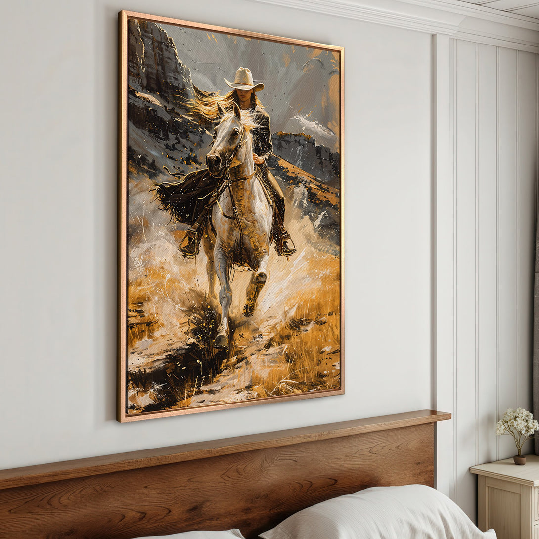Framed Wall Art: Cowgirl on horseback canvas print, rustic style with warm gold & gray tones. Perfect western decor for your home.