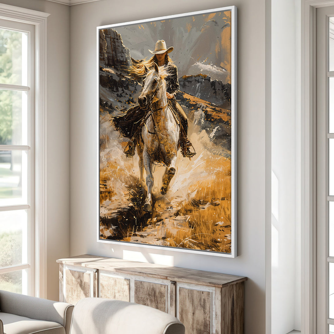 Framed Wall Art: Cowgirl on horse in abstract style, warm yellow & gray tones. Western art Canvas Print for home decor.