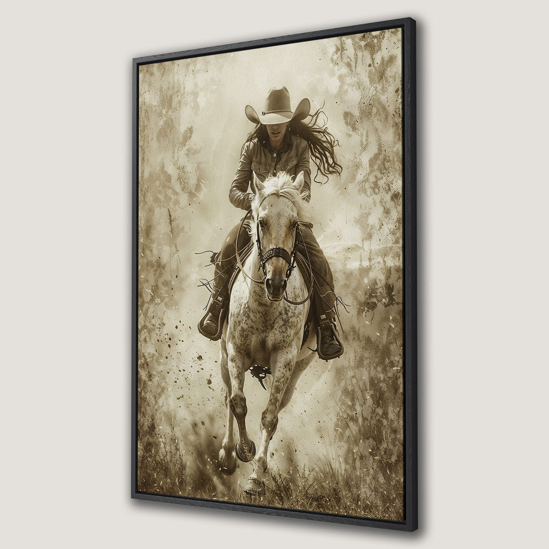 Framed Wall Art: Cowgirl on horseback. Vintage sepia-toned canvas print. Rustic western decor. Add a touch of the wild west to your home!