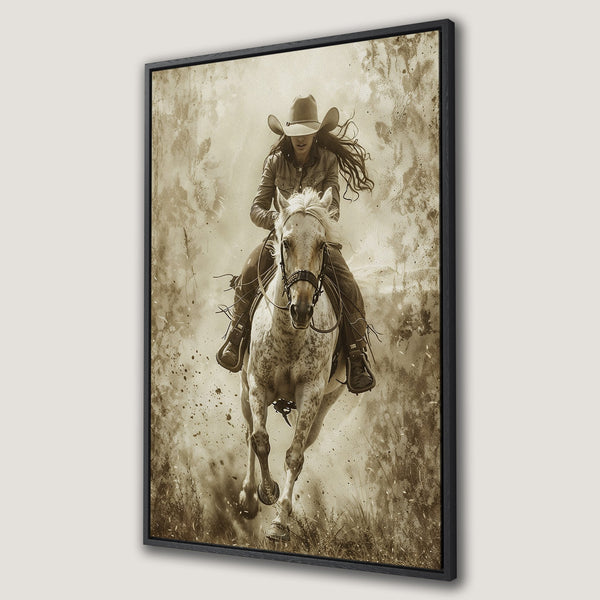 Framed Wall Art: Cowgirl on horseback. Vintage sepia-toned canvas print. Rustic western decor. Add a touch of the wild west to your home!