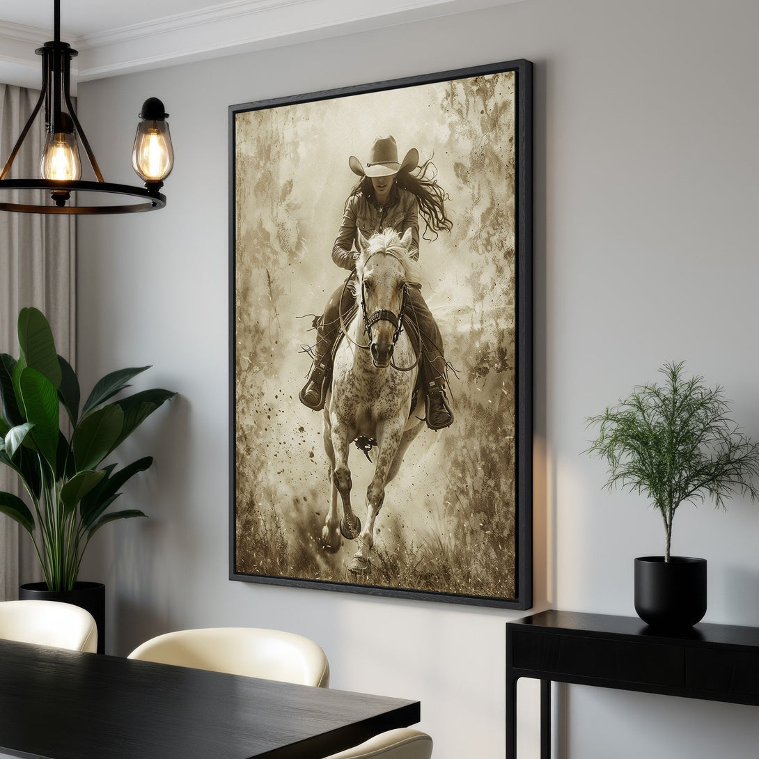 Framed Wall Art: Cowgirl on horseback, vintage style. Earth-toned sepia Canvas Print adds rustic charm to any space. Shop now for Western-inspired home decor!