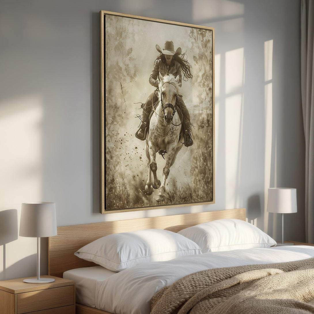 Framed Wall Art: Sepia-toned canvas print of a cowgirl riding a horse. Rustic, vintage style with warm neutral tones, perfect for adding a touch of western charm.