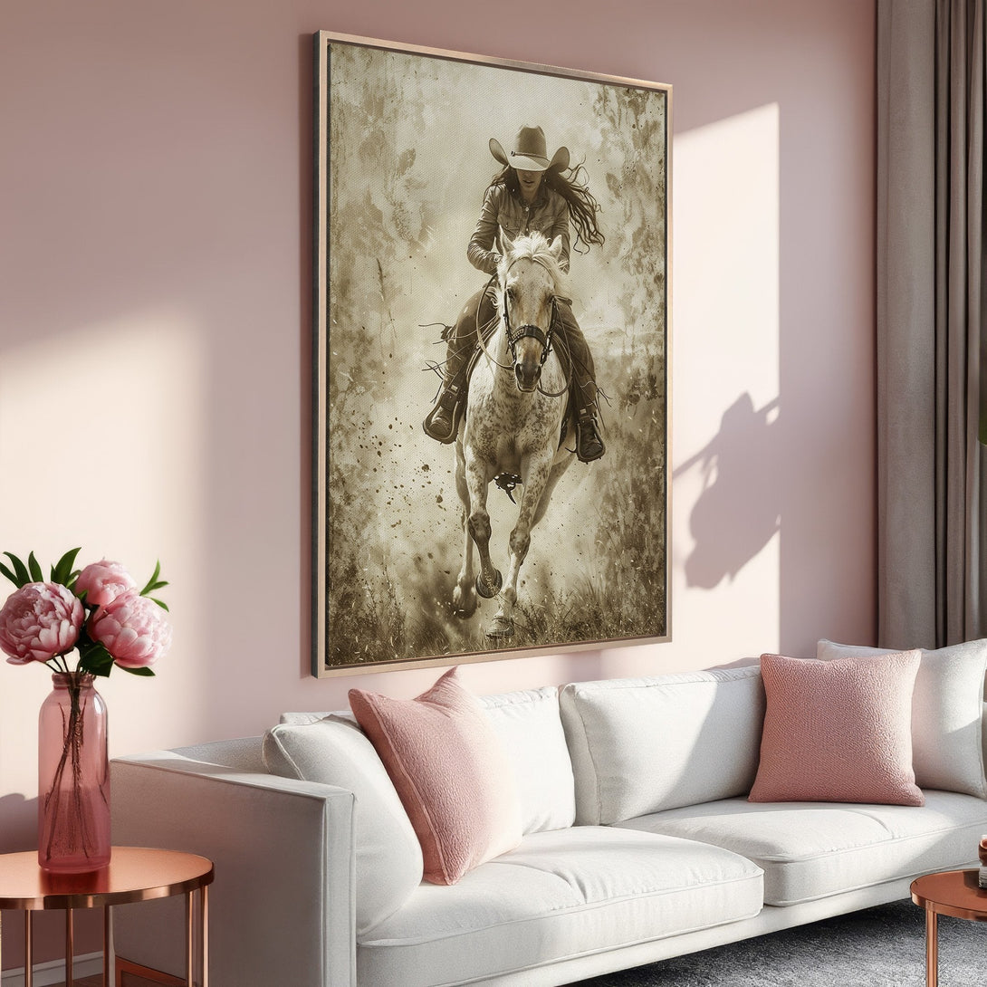 Framed Wall Art: Sepia-toned cowboy on a horse, rustic style. Earthy tones complement a blush pink interior. Elevate your space with this stunning print!