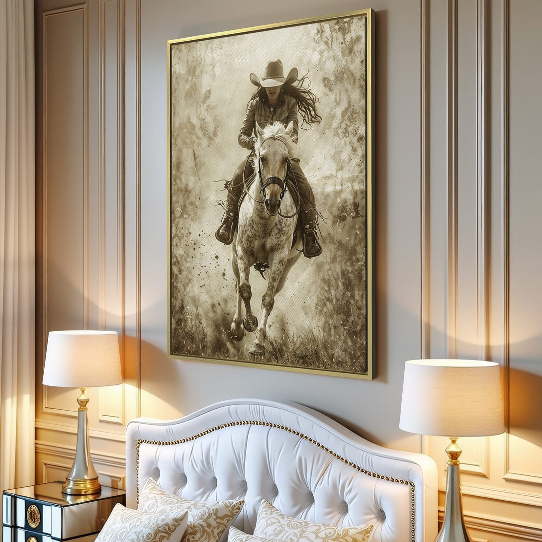 Canvas Print of a cowgirl riding a horse in sepia tones. Rustic style wall art for a modern home.