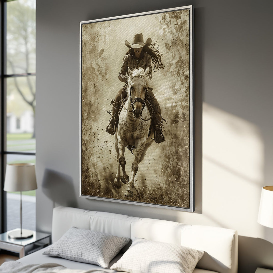 Framed Wall Art: Cowgirl on horseback in sepia tones. Rustic canvas print adds Western charm to any space. Perfect for country-themed decor.