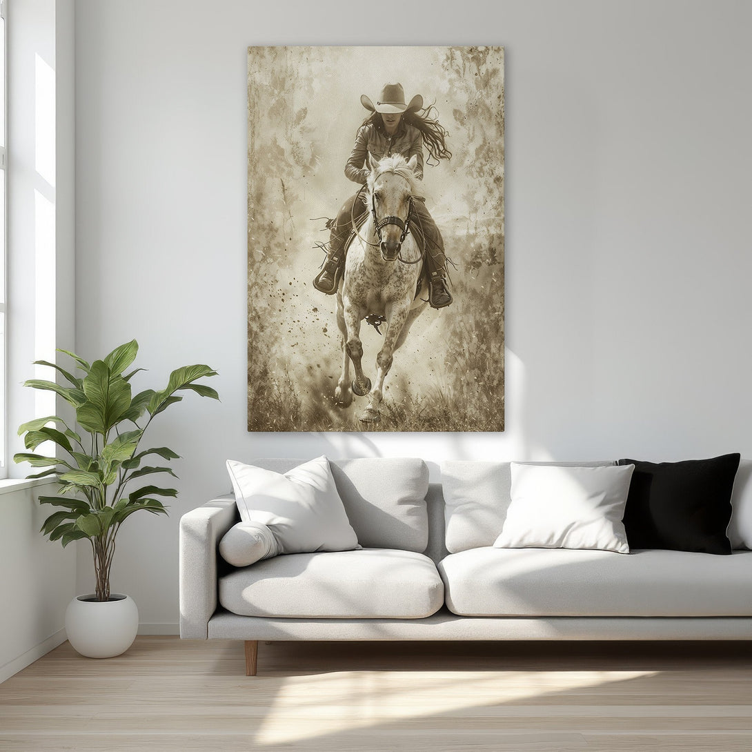 Framed Wall Art: Sepia-toned canvas print of a cowgirl riding a horse. Rustic style, neutral color palette, perfect for western decor.