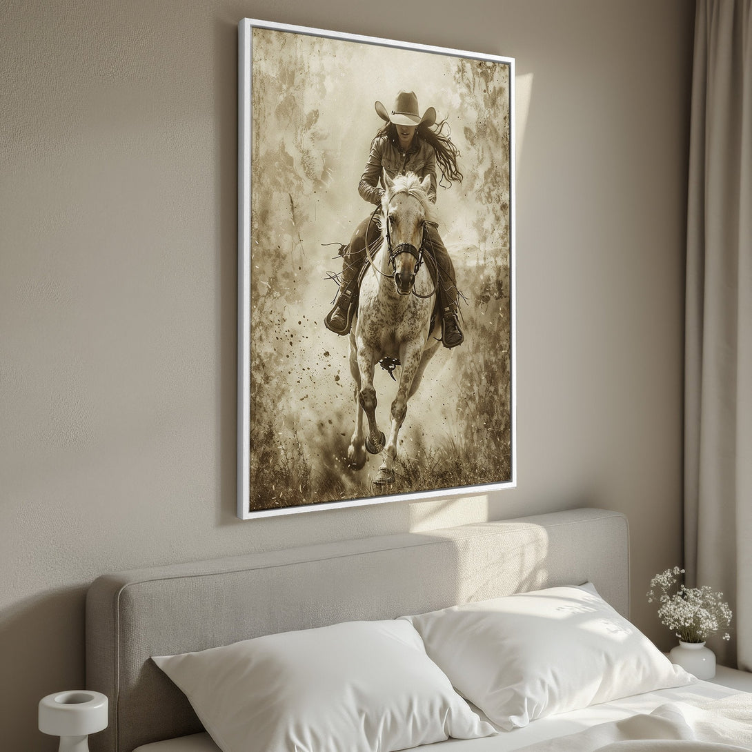 Framed Wall Art: Sepia-toned cowboy on horseback. Rustic, vintage style Canvas Print with neutral color palette. Perfect for Western decor.