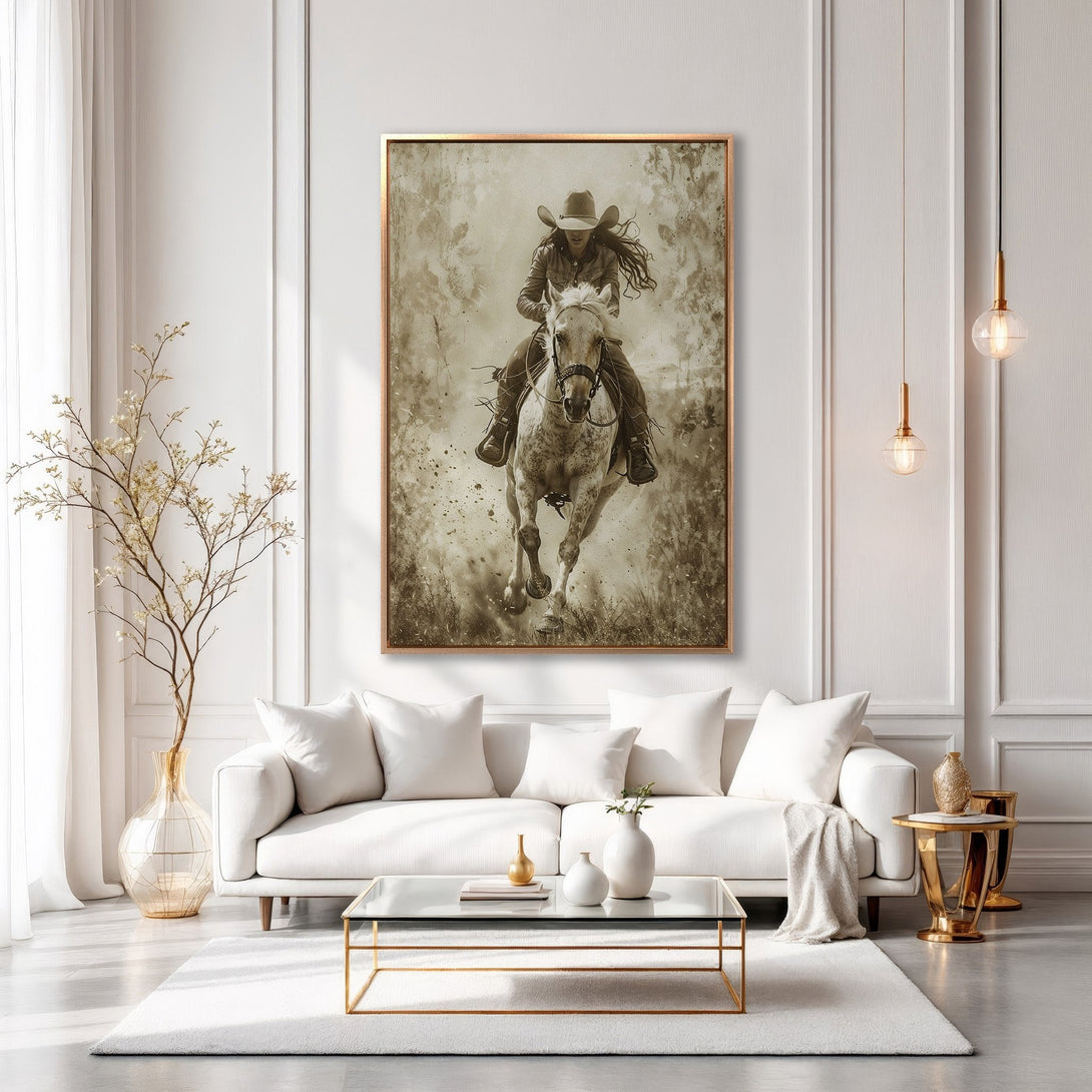 Framed Wall Art: Stunning sepia-toned canvas print of a cowgirl riding a horse. Rustic style, neutral color palette. Perfect for adding Western charm to your home.