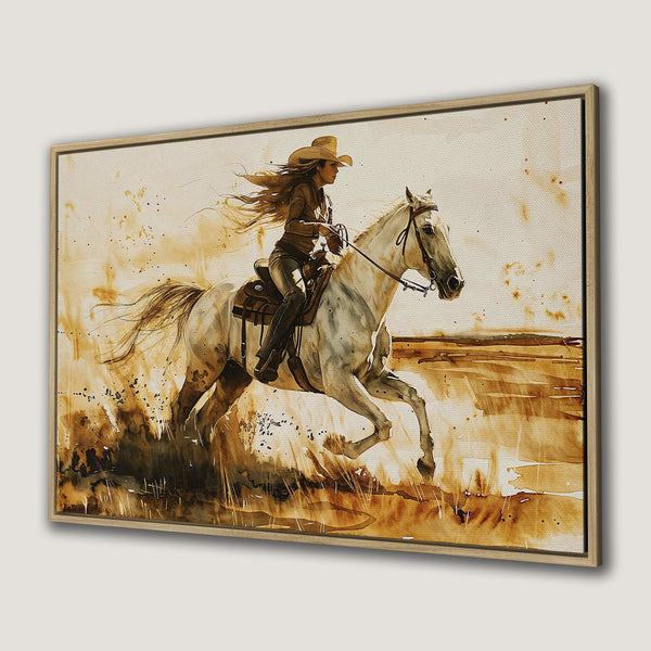 Framed Wall Art: Watercolor painting of a cowgirl riding a white horse, warm earth-tone color palette. Perfect Western decor for your home!