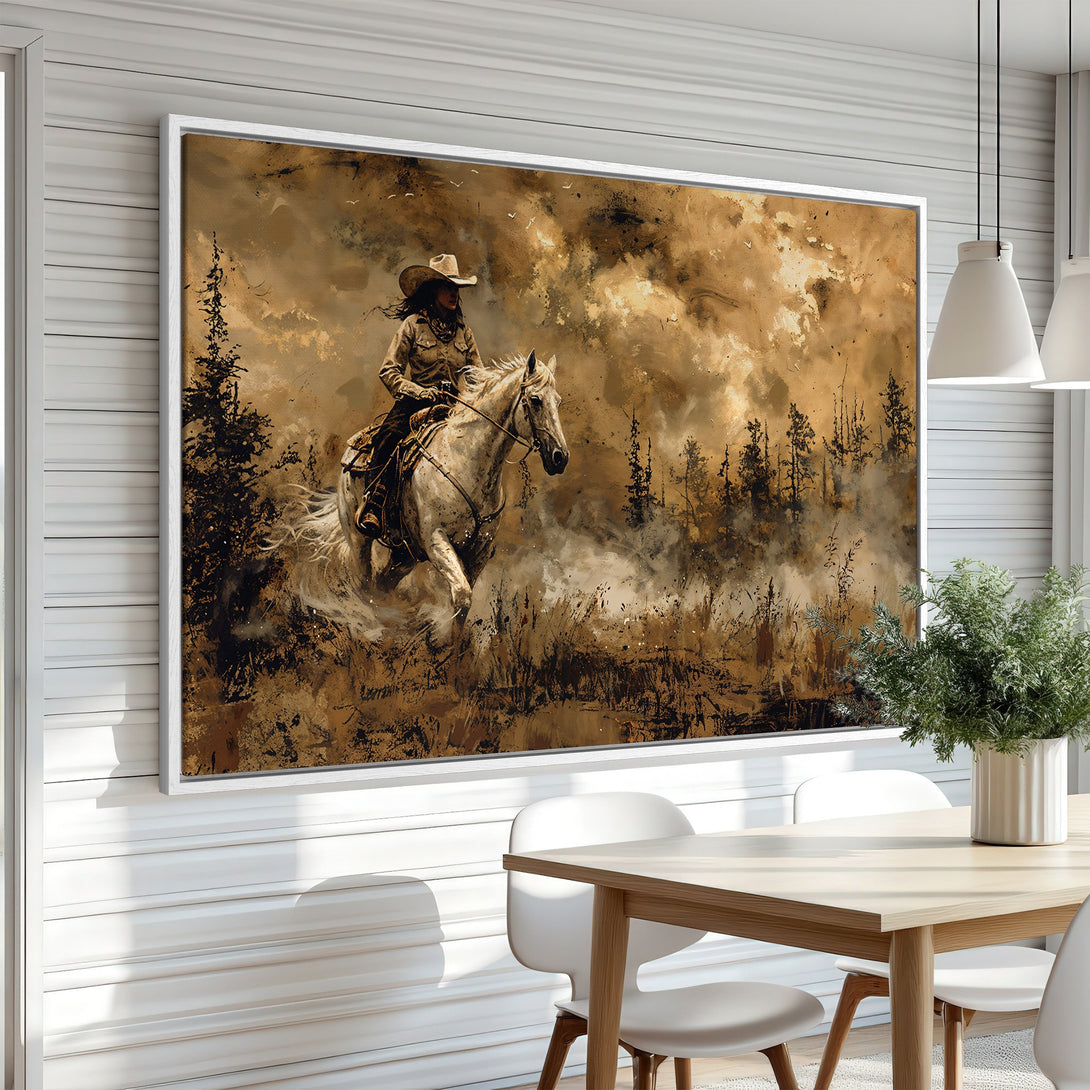 Framed Wall Art: Western-style canvas print featuring a cowboy on horseback in a warm, earthy color palette. Perfect for rustic home decor.