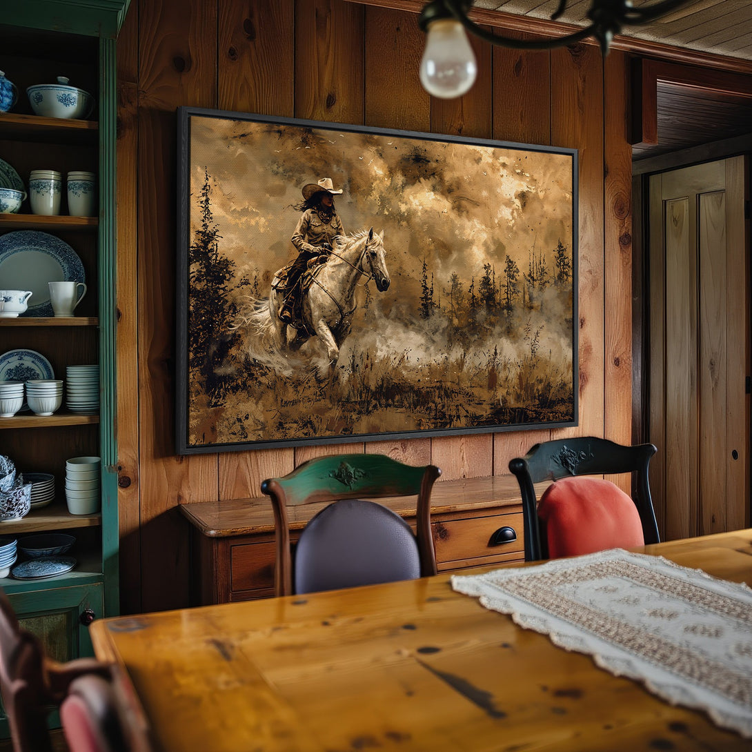 Framed Wall Art: Western-style canvas print of a cowboy riding a horse, warm earth-tone palette. Perfect for rustic home decor!