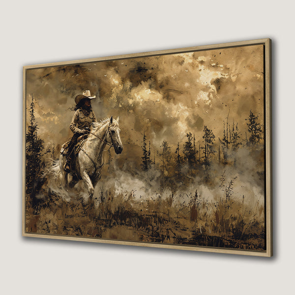 Framed Wall Art: Cowgirl on horseback in a sepia-toned, painterly style. Rustic canvas print with warm brown and neutral color palette, perfect for western decor.