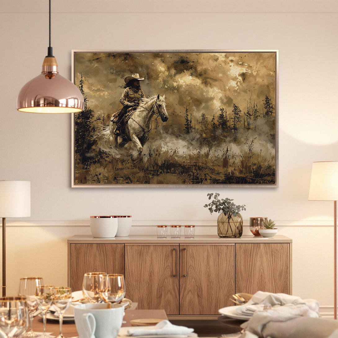 Framed Wall Art: Western-style painting of a cowboy on a horse, with a sepia and gold color palette. Rustic decor for your home.
