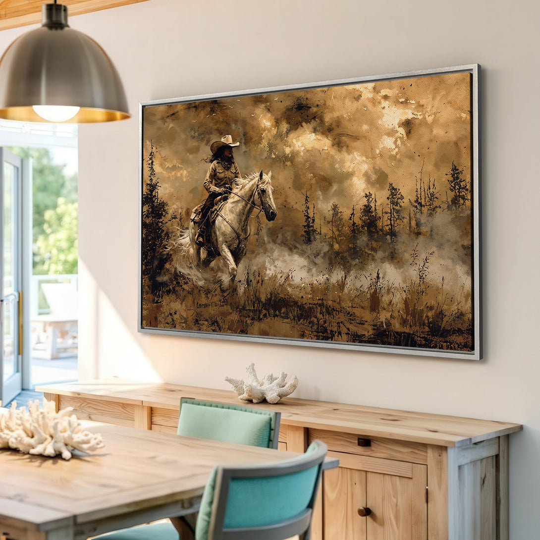 Framed Wall Art featuring a cowboy on horseback in a sepia-toned, rustic style. Perfect for adding Western charm to your home decor.