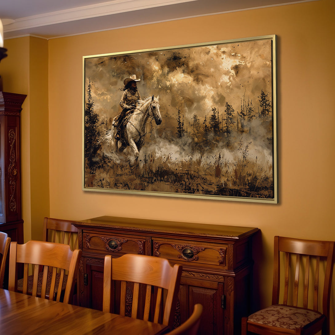 Canvas Print of a cowboy on horseback in a sepia-toned, rustic style. Perfect western wall art for a warm, inviting living room.