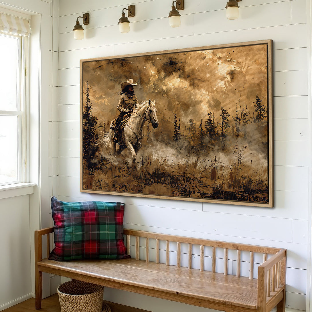 Framed Wall Art: Cowboy on horseback canvas print in warm brown tones. Rustic art for western decor. Bring the wild west home!