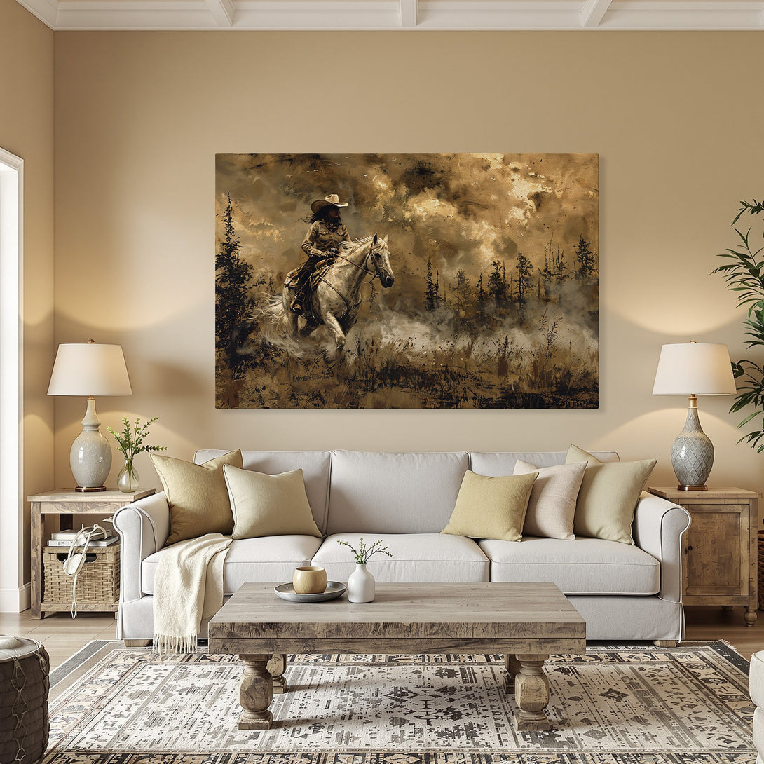Framed Wall Art: Western-style painting of a cowboy on a horse in a sepia color palette. Rustic decor for your home.