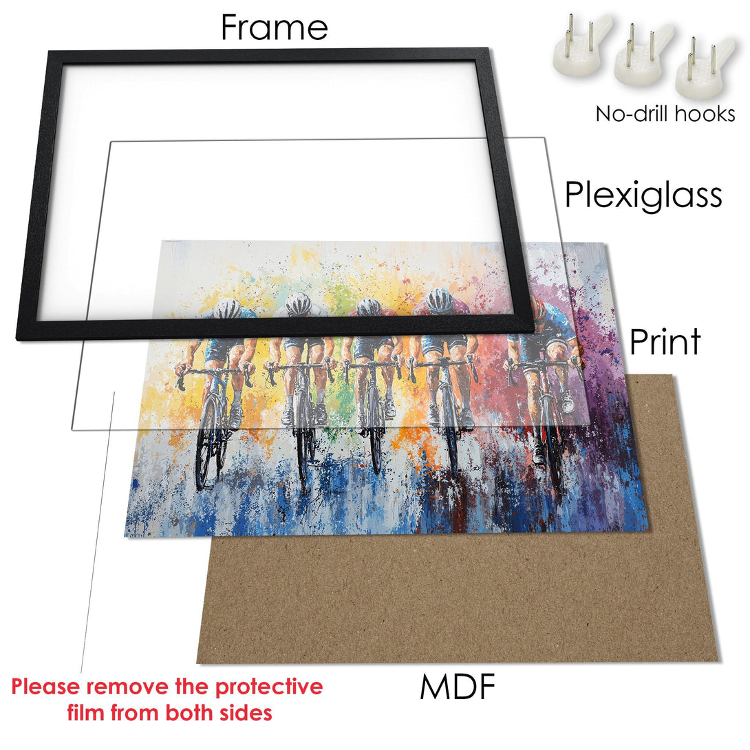 Framed Poster of cyclists in colorful abstract style. Modern art print with vibrant blues, oranges, and reds. Perfect wall decor.