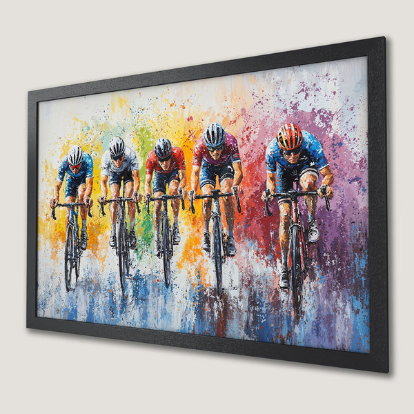 Framed Poster of cyclists racing, vibrant abstract style with a colorful palette. Perfect wall art for sports fans!