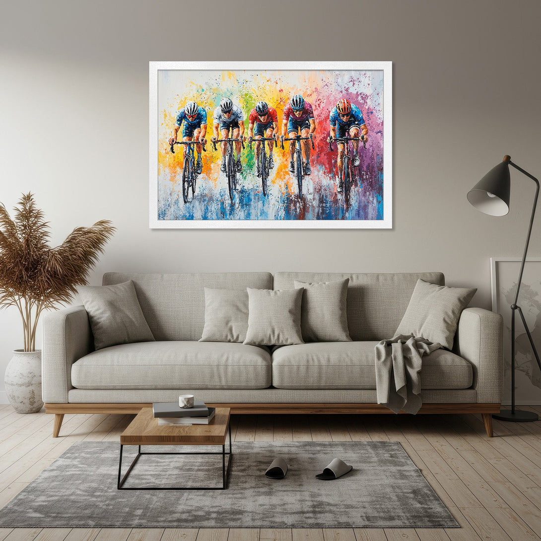 Framed Poster of cyclists racing, vibrant abstract style with a colorful palette. Add energy to your space!